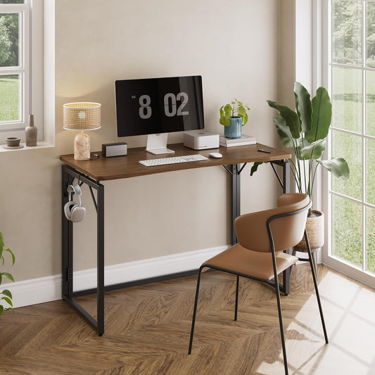 31.5" Folding Desk - Brown, No Assembly Small Foldable Desk for Home, Office, Wooden Top Folding Computer Desk for Working, Writing, Studying