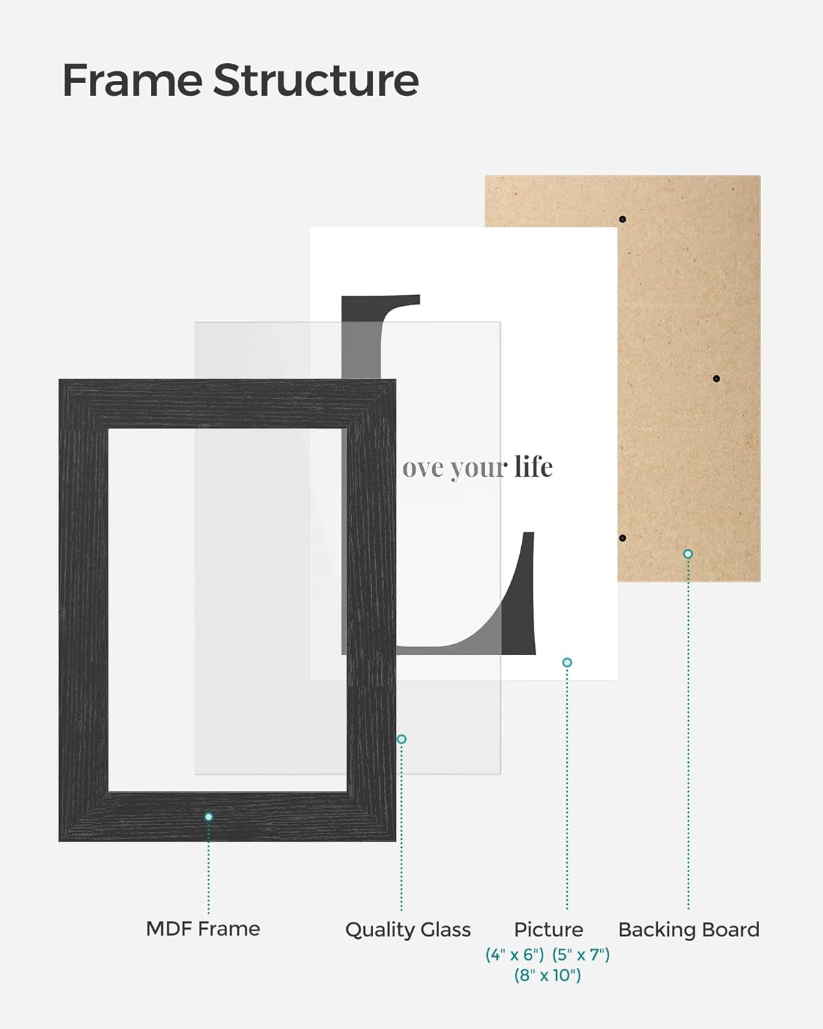 Picture Frames, Collage Picture Frames Set of 10, Two 8X10, Four 5X7, Four 4X6, Photo Frame for Wall Gallery Decor, Table Display, Glass, Ink Black URPF10B