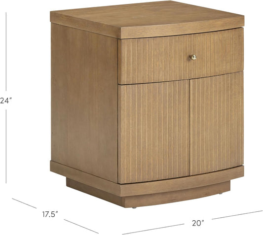 Tambellini Mid Century Modern Nightstand, Bedside Table with Drawer and Cabinet Storage, Solid Wood Legs and Fluted Door Fronts, Light Brown