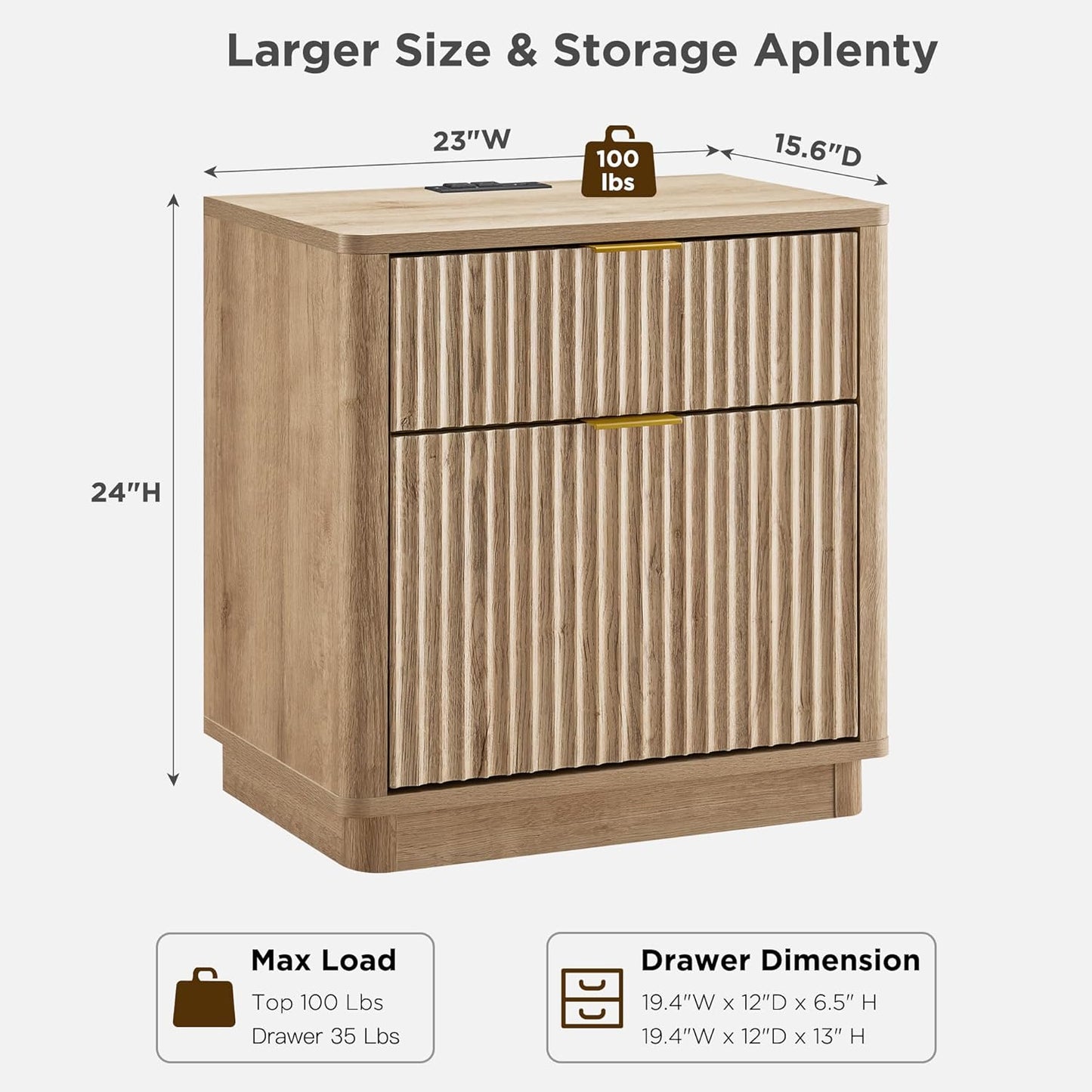 23'' Fluted Nightstand with Charging Station, Large 2 Drawer Bedside Table, Modern End Table with Storage, Mid Century Night Stand for Bedroom, Living Room, Curved Profile, Natural Oak