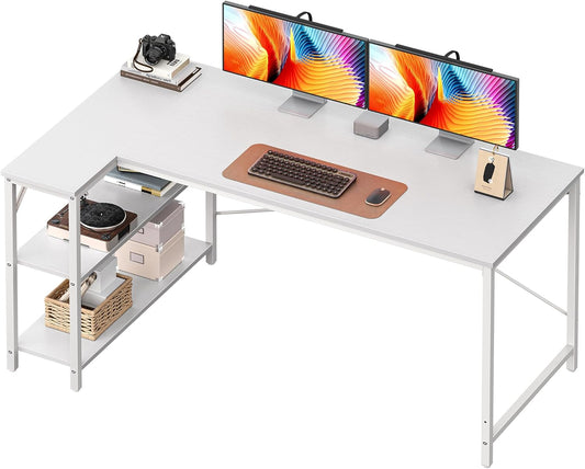 L Shaped Desk, 55 Inches Computer Desk with Reversible Storage Shelves, for Gaming Corner Home Office Writing Study, Metal Frame, White