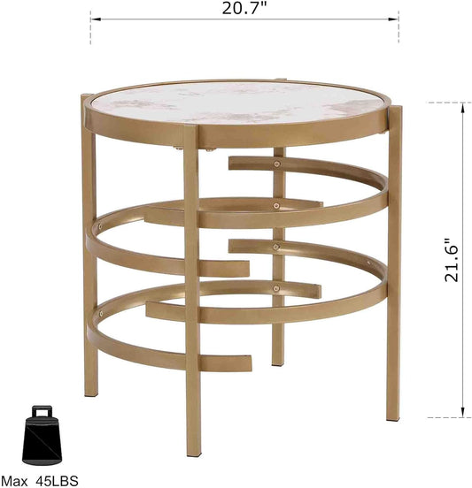 Round Marble End Table for Living Room & Home Office - Modern, Golden Metal Frame, Small Coffee Table