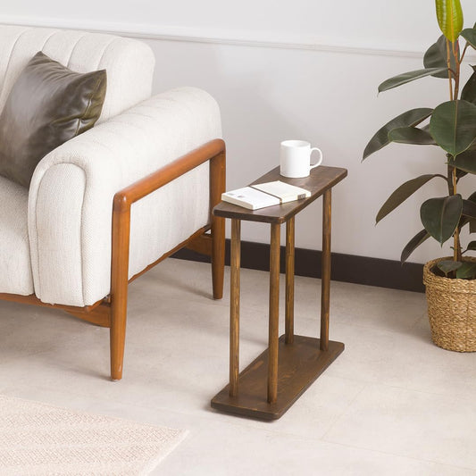 Rectangular Solid Pine Wood Narrow Side Table, Skinny Bedside Table, Small End Table (Dark Walnut, Medium)