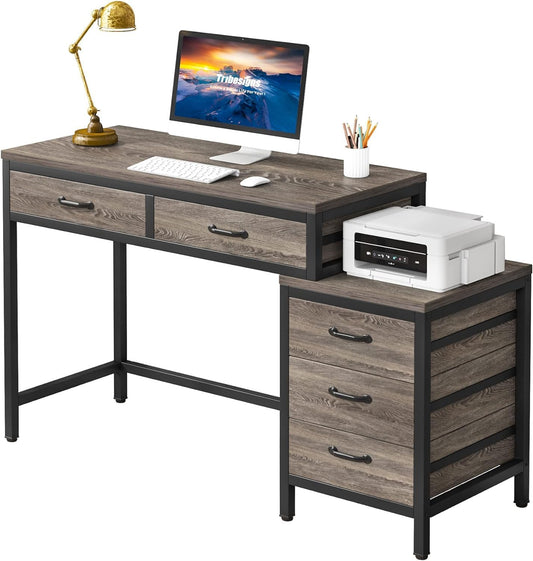 Computer Desk with 5 Drawers, Home Office Desks with Reversible Drawer Cabinet Printer Stand, Industrial PC Desk with Storage, Grey Study Writing Table Workstation for Small Spaces