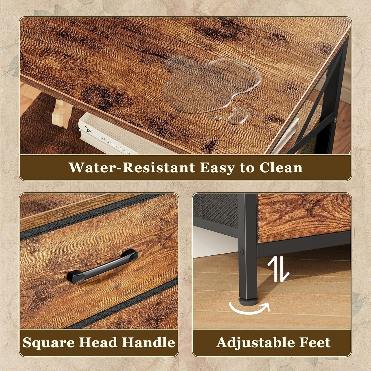 Nightstands Set of 2, Night Stand with Charger Station, 2 Drawer Side Table with Open Shelf, USB-C Port, End Table for Small Spaces, X Shaped Side Rail, Rustic Brown