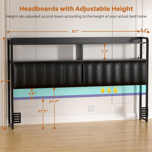Headboard for Queen Size Bed Frame, Upholstered Headboards with Outlets, USB Ports and LED Light, Leather Head Board with Storage, Height Adjustable, Comfortable Headboard, Queen Size, Black