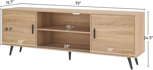 Mid Century Modern TV Stand - 70" for 75" TV, Wood with Storage, Entertainment Center for Living Room & Bedroom, Media Console, Oak