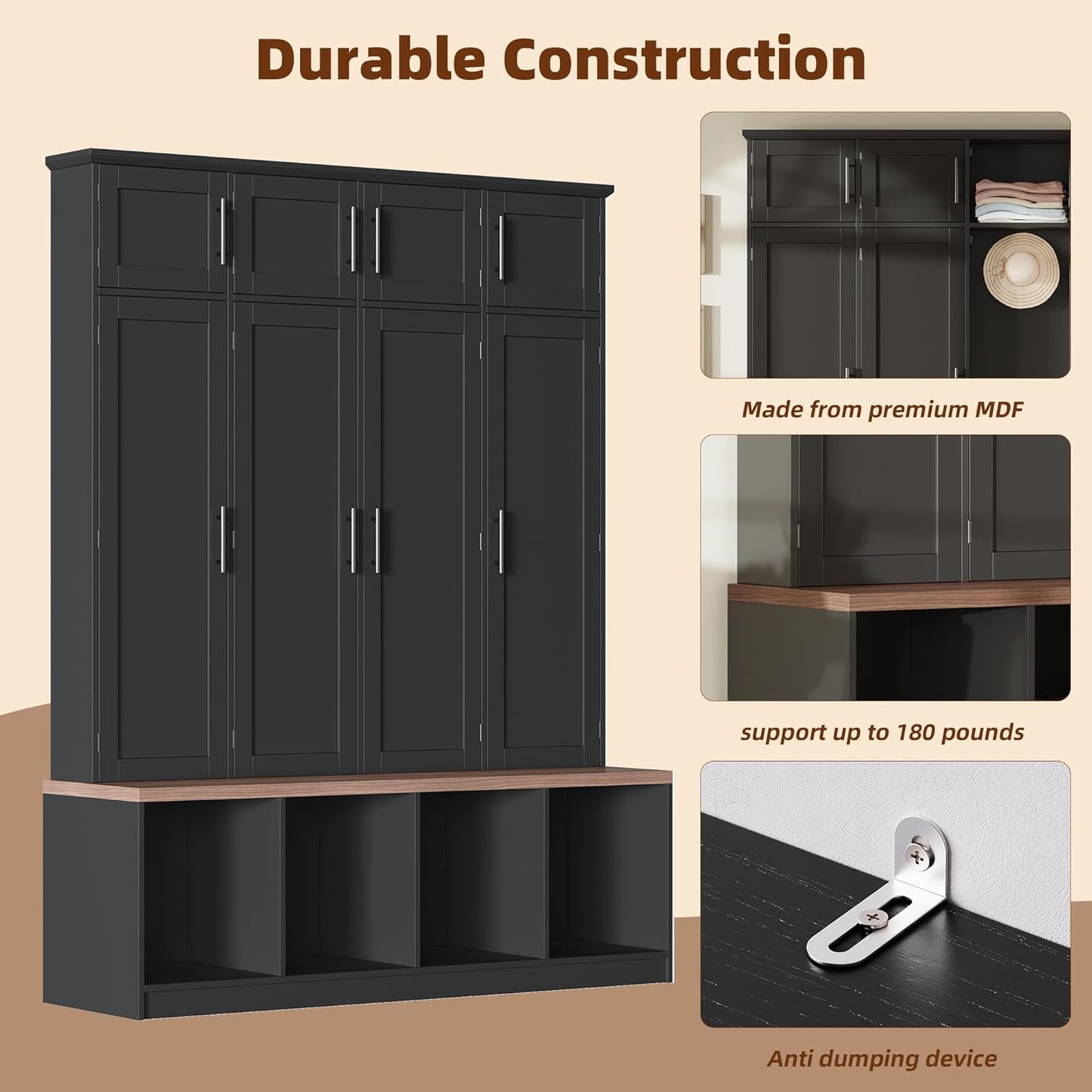 Hall Tree with Entryway Bench and Shoe Cabinet, Multi-Functional Seating Bench with 4 Hanging Hooks and 8 Doors, Black