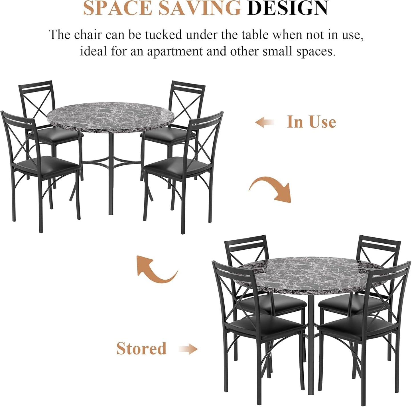 5 Piece Dining Table Set for 4, Faux Marble Dinette with Chairs for Kitchen, Breakfast Nook, Small Space, Black