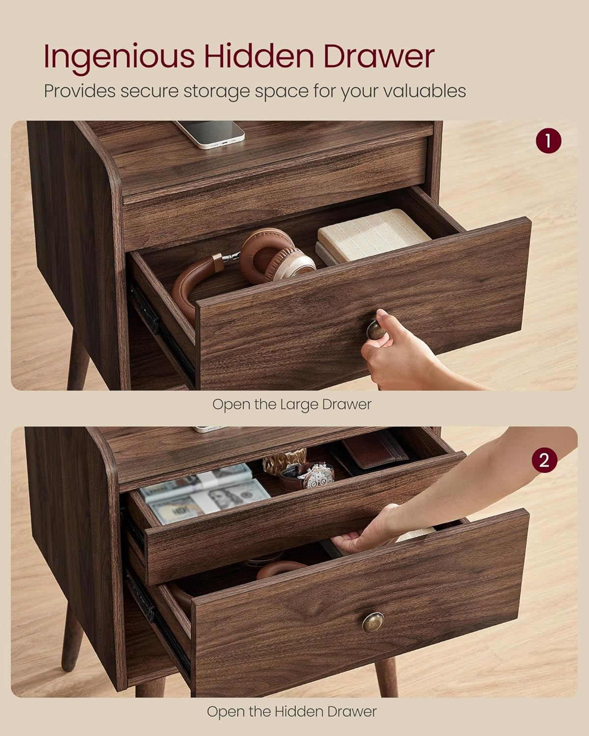MAXE Collection - Nightstand with Charging Station, Bedside Table, Side End Table with 2 Drawers, Open Shelf, 2 AC Outlets, 2 USB Ports, Transitional, for Bedroom, Oak Beige ULET626Y01S