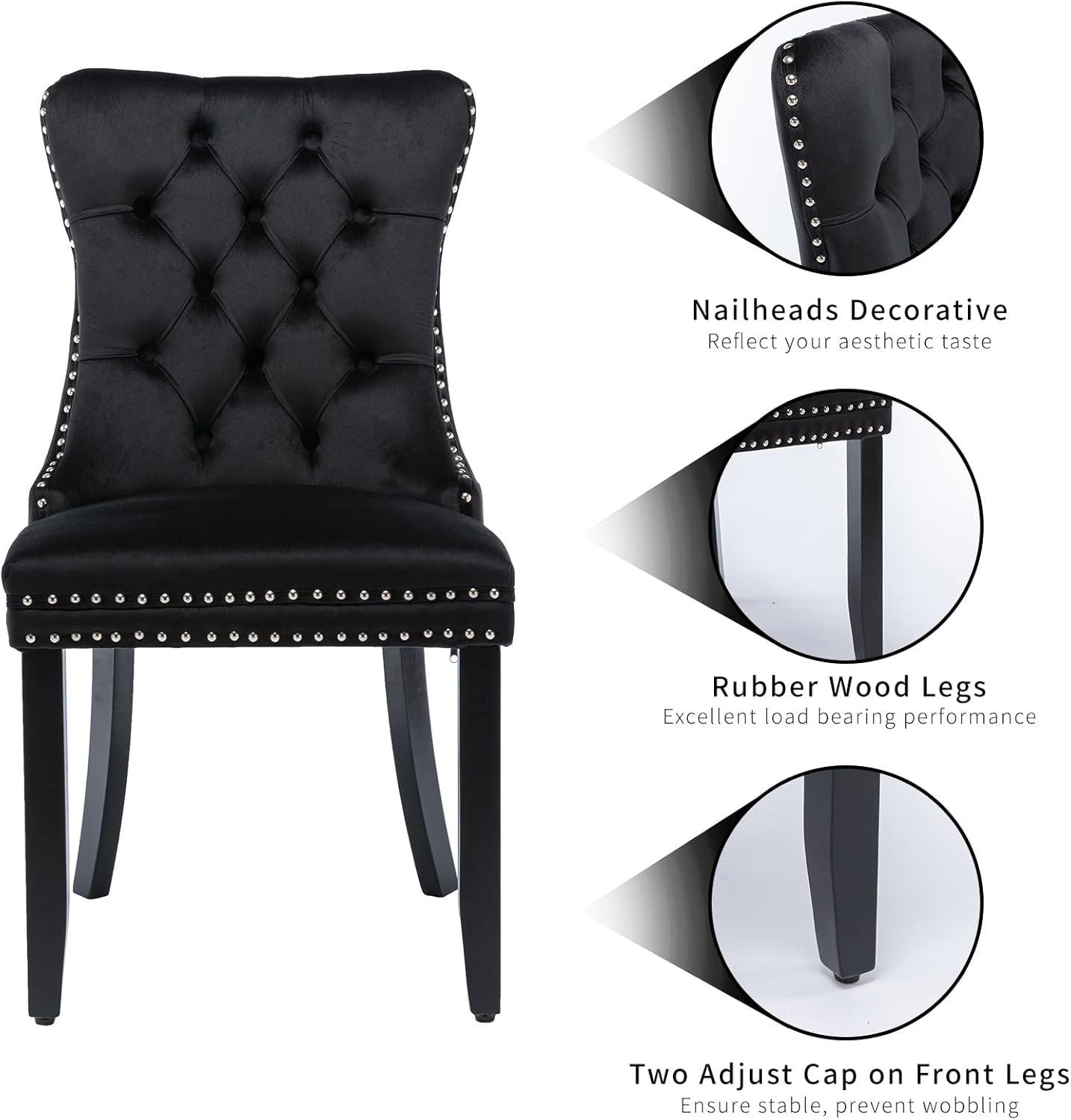 Black Velvet Dining Chairs Set of 4, Kitchen & Dining Room Chairs, Four Fabric Tufted Dinning Chairs, Velvet Upholstered, Wing Back, Metal Pull Ring, Wood Frame, Mid Century Modern