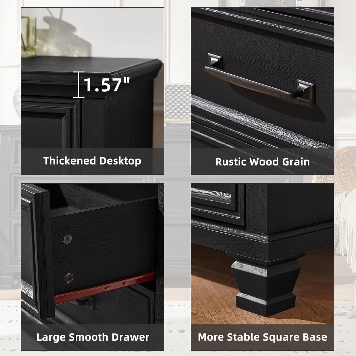 Farmhouse Bedroom Dresser and Nightstand Set, 7 Drawer Dresser & 1 Drawer Nightstand Set, Rustic Wood Bedroom Furniture Set for Home, Hallway, Black