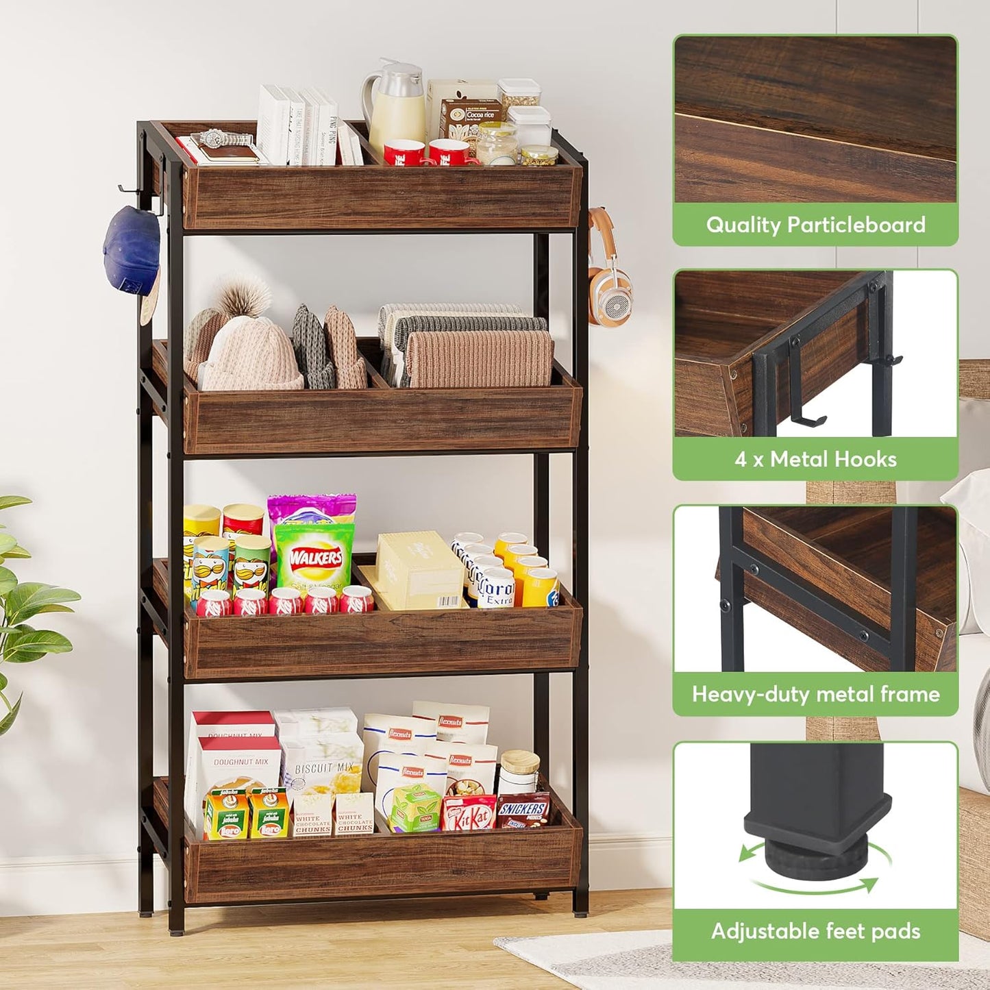 Wood Fruit and Vegetable Basket Stand Rack for Kitchen, Office, Store, Supremarket, Pantry Shelf Unit for Snacks, 4-Tier Wooden Utility Storage Shelves (Brown+Black)