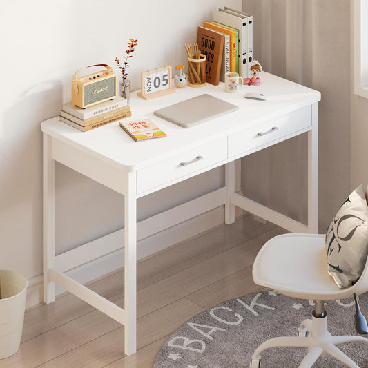 39.4" Computer Desk with Drawer, Morden White Home Office Desk, Study Writing Table with Storage for Small Spaces,Vanity Desk Makeup Table for Bedroom - White