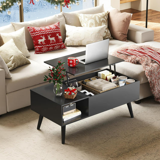 Coffee Table for Living Room, Lift Top Coffee Table with Storage, Small Rising Wooden Dining Center Table with Storage Shelf & Hidden Compartment, 39" Black