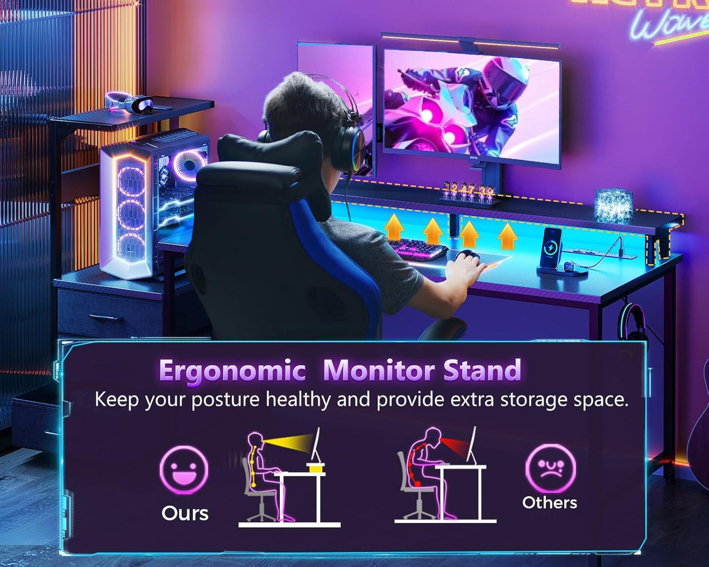 Black gaming desk with USB charging ports, LED light and fabric drawers, view 8