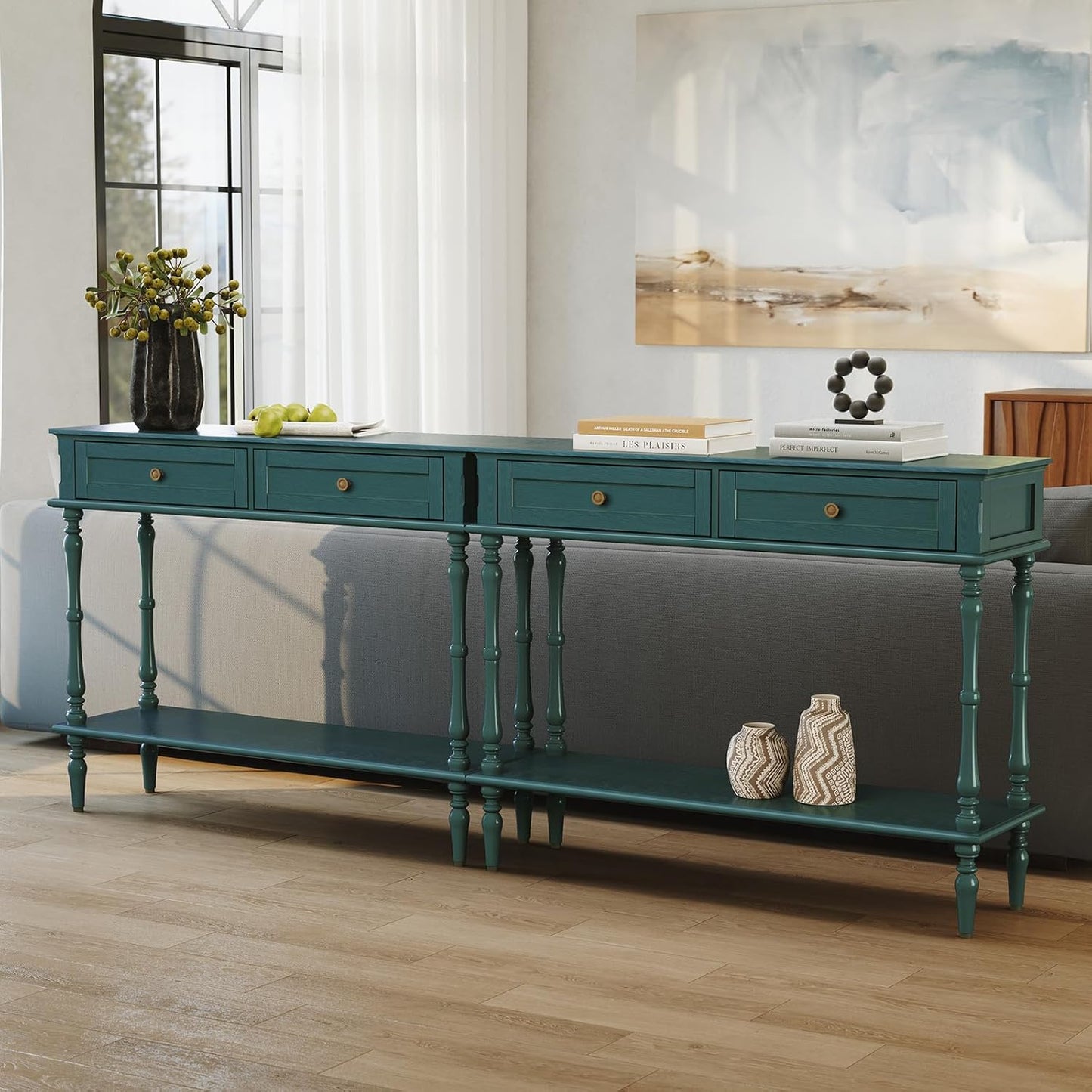Console Table for Entryway with 2 Drawers-Minimal Assembly,Retro Entryway Tables with Storage Cabinets and Open Shelf,Narrow Long Couch Table behind Sofa for Living Room,Foyer,Hallway,Green