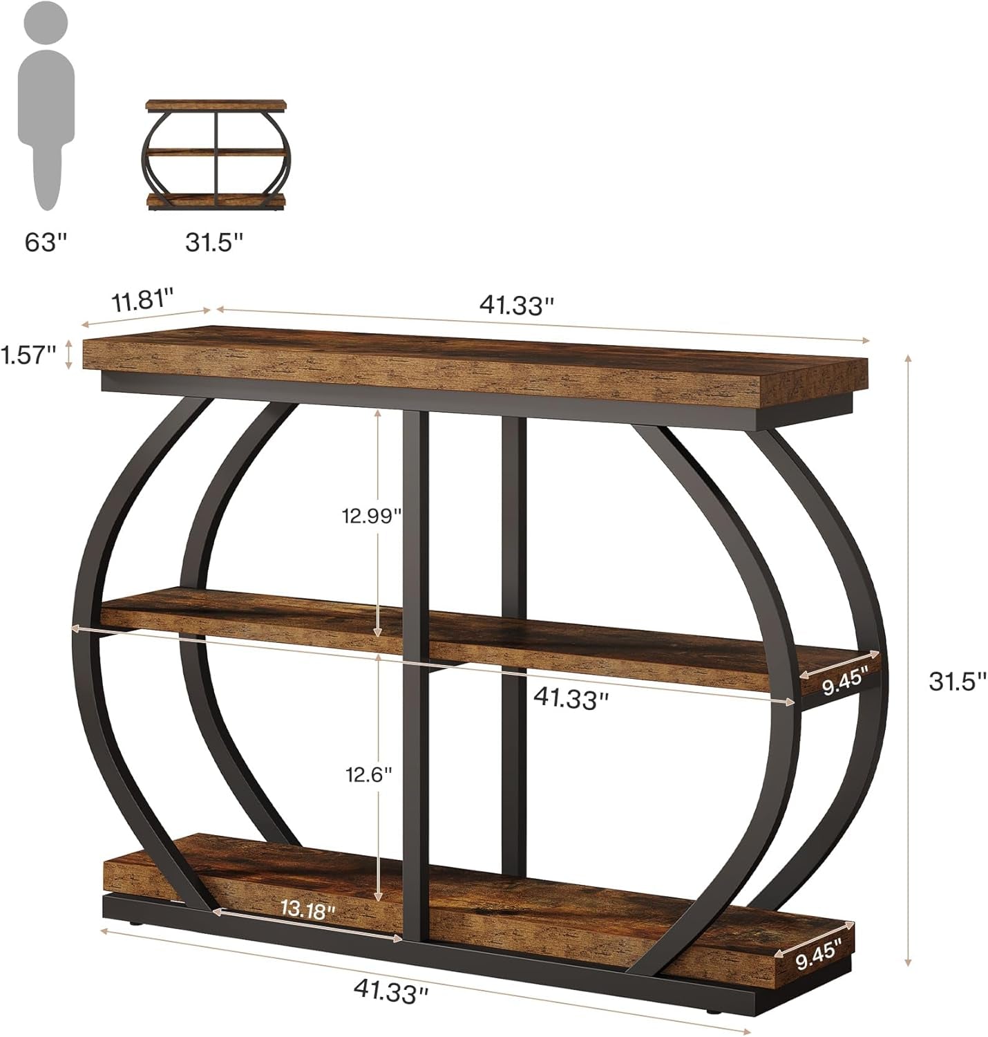 41.3" Console Table, Industrial 3-Tier Entryway Table with Arched Metal Frame and Storage Shelves for Living Room, Hallway, Rustic Brown