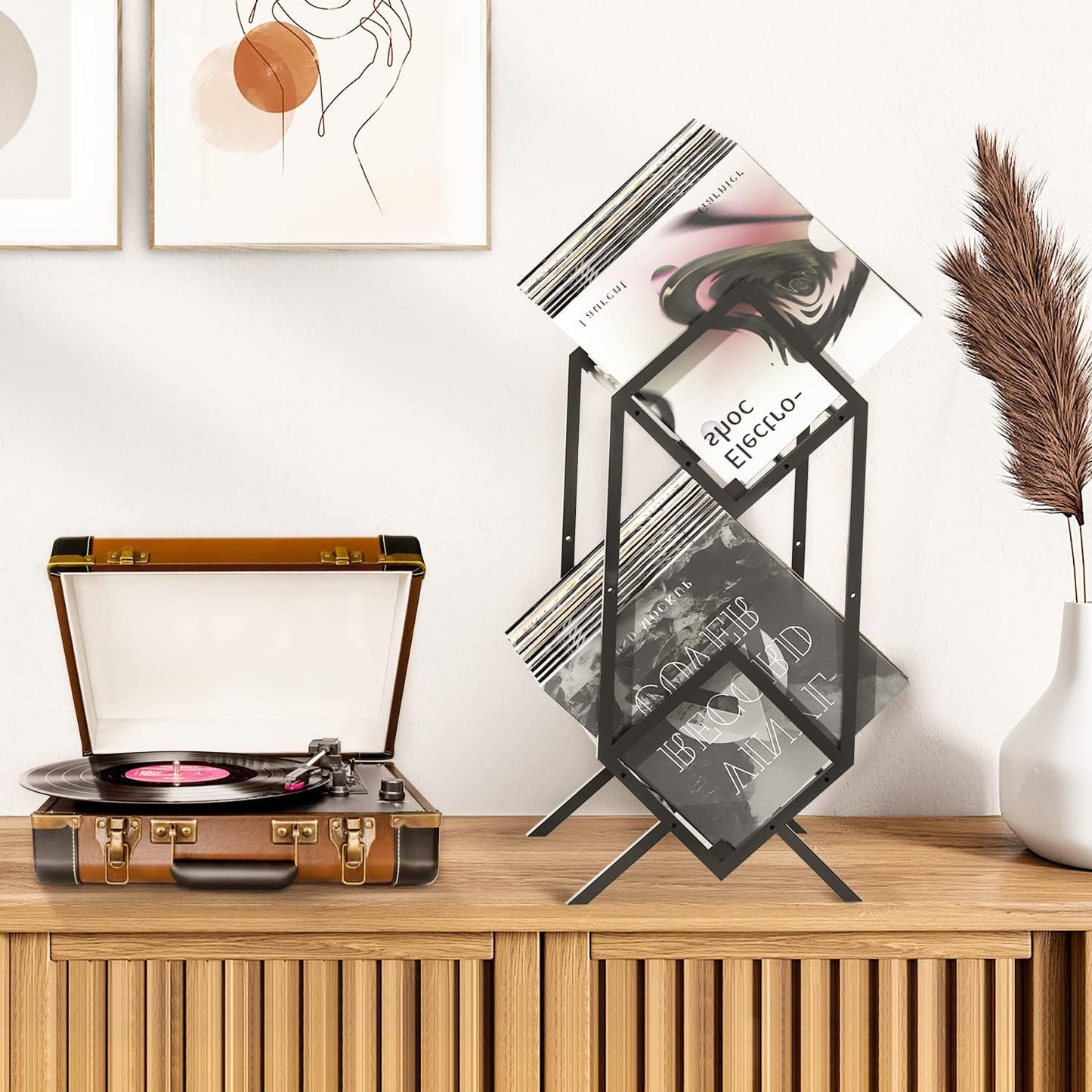 Matte black 2 tier steel vinyl record storage rack, view 7