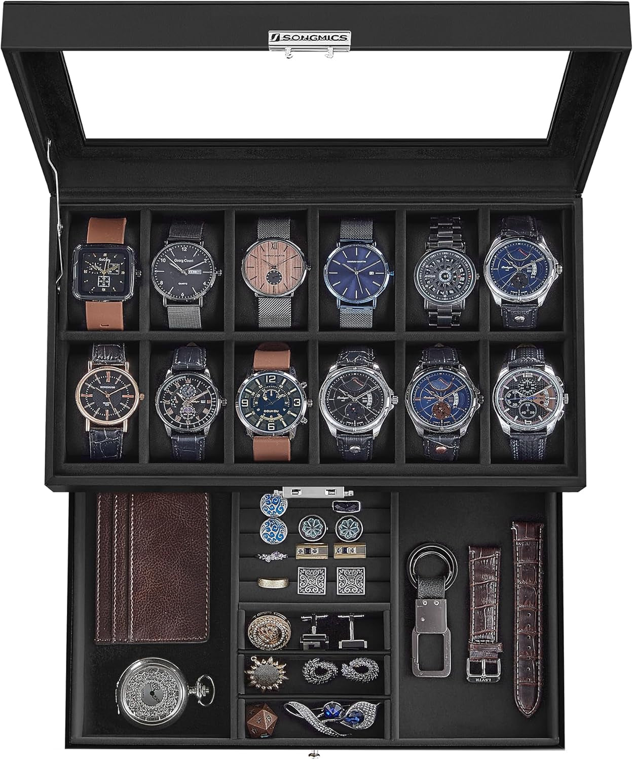 Watch Box, 20-Slot Watch Case Organizer with Large Glass Lid, Removable Pillows, Metal Lock, Gift for Loved Ones, Black Synthetic Leather, Wine Red Lining UJWB020R01
