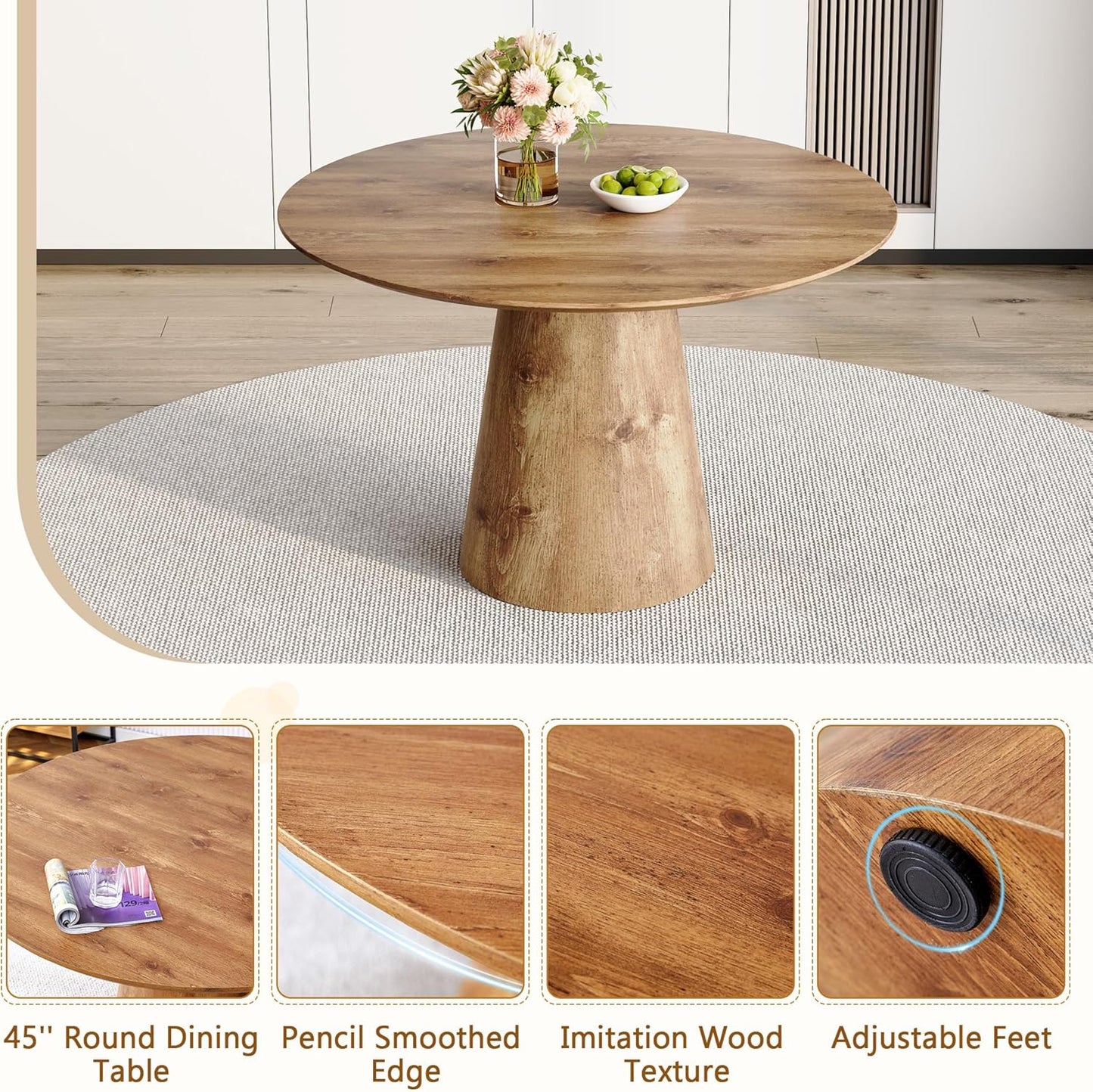 Round Dining Table 45'',Wood Dining Room Table for 4-6,Round Pedestal Dining Table with Stable Base,Circle Wood Texture Kitchen Table for Dining Room Easy Assembly