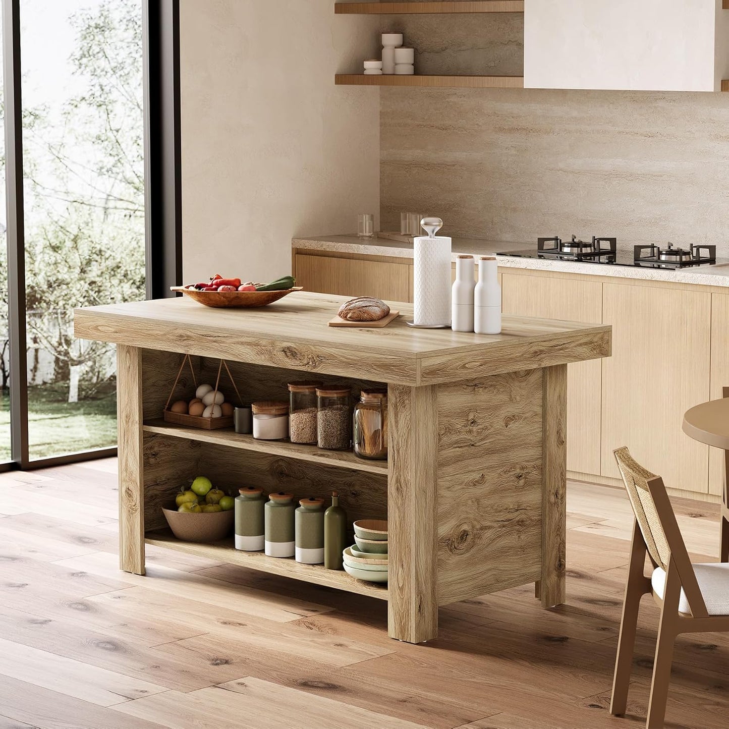 55 Inches Kitchen Island with Storage, 3-Tier Farmhouse Wooden Stationary Island Table with Large Worktop & Leg Room, Modern Coffee Bar Table with Storage Shelf for Kitchen, Oak
