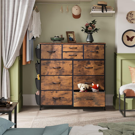 Fabric Dresser for Bedroom with 10 Drawers, Chest of Drawers with Side Pockets and Hooks, Sturdy Metal Frame, Drawers Organizer Unit for Living Room, Hallway, Rustic Brown Wood Grain Print