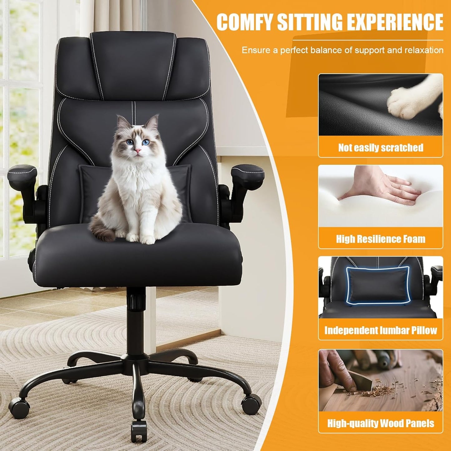 Executive Office Chair with Flip-Up Armrests,Ergonomic Computer Desk Chairs,Big and Tall Leather Office Chair 400Lbs,Lumbar Support Swivel PC Chair with Rocking Function