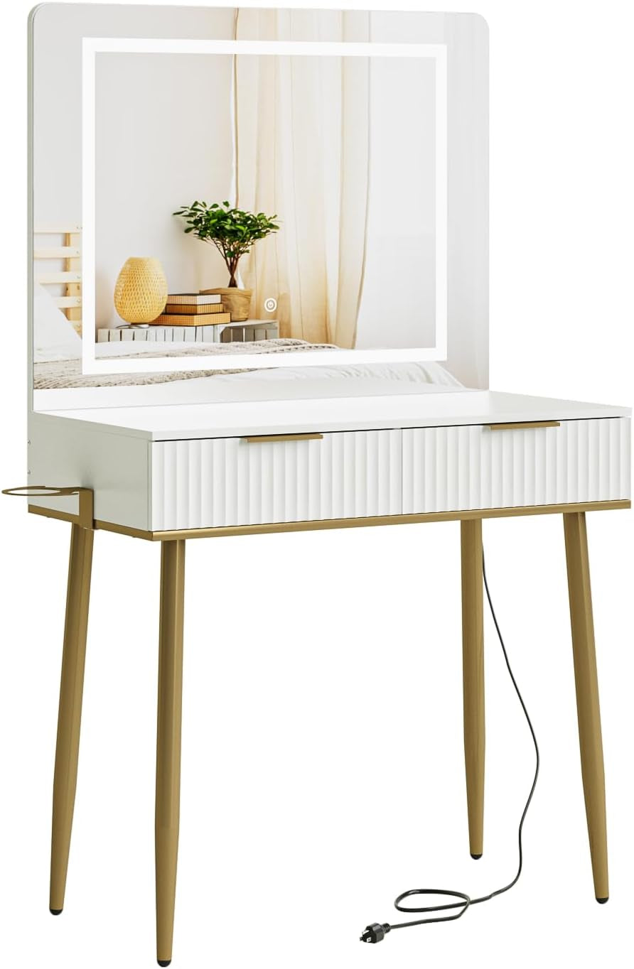 Makeup Vanity Desk with Lights and Mirror, Small Makeup Vanity Table with 2 Drawers, Dressing Table with 3 Adjustable Lighting Color, Small Makeup Desk for Bedroom, White with Gold Leg