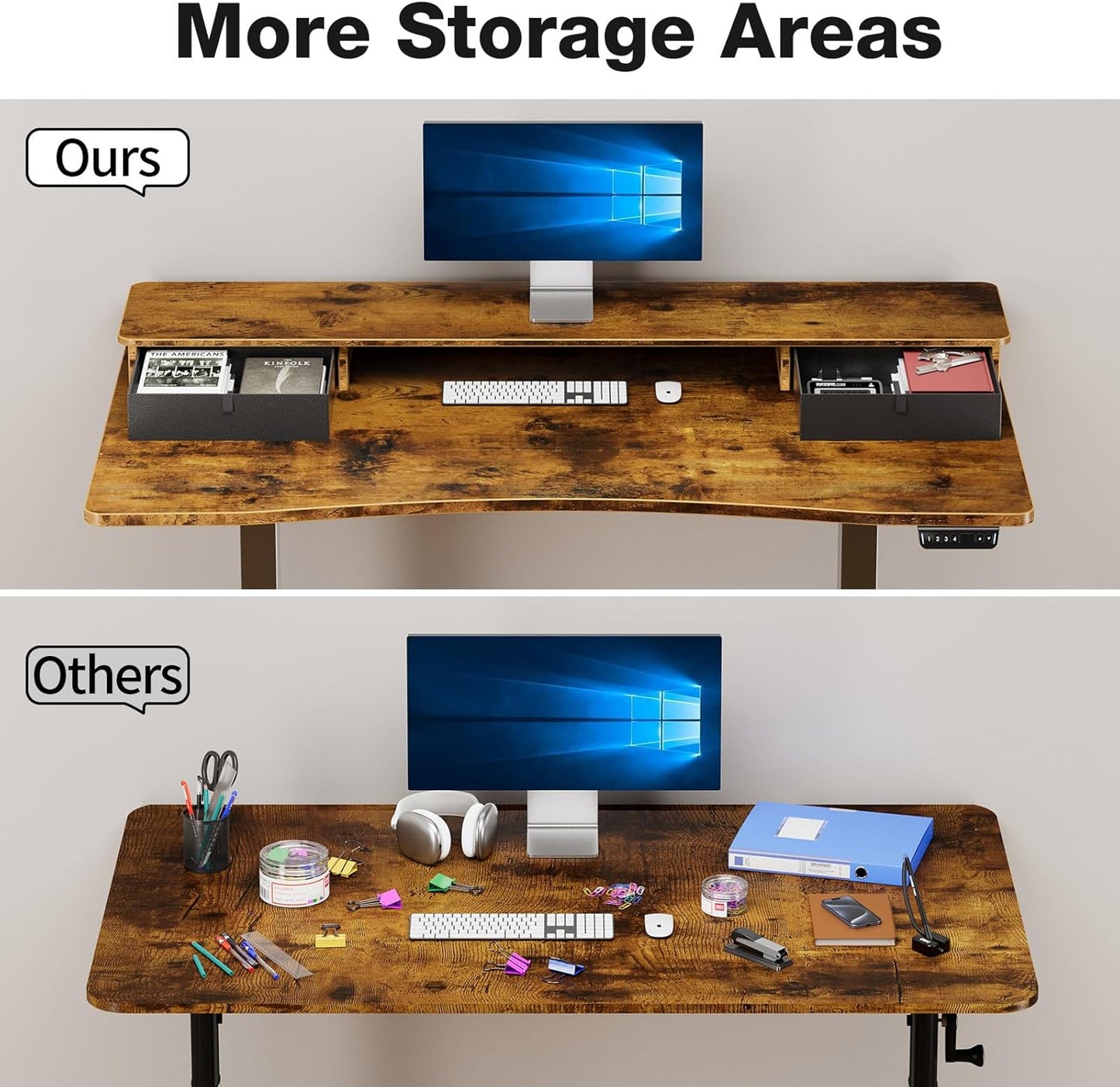 47.2"×27.6" Standing Desk with Storage Drawers, Adjustable Height Computer Table with Monitor Shelf, Home Office Desk for Study, Gaming, Workstation, Brown
