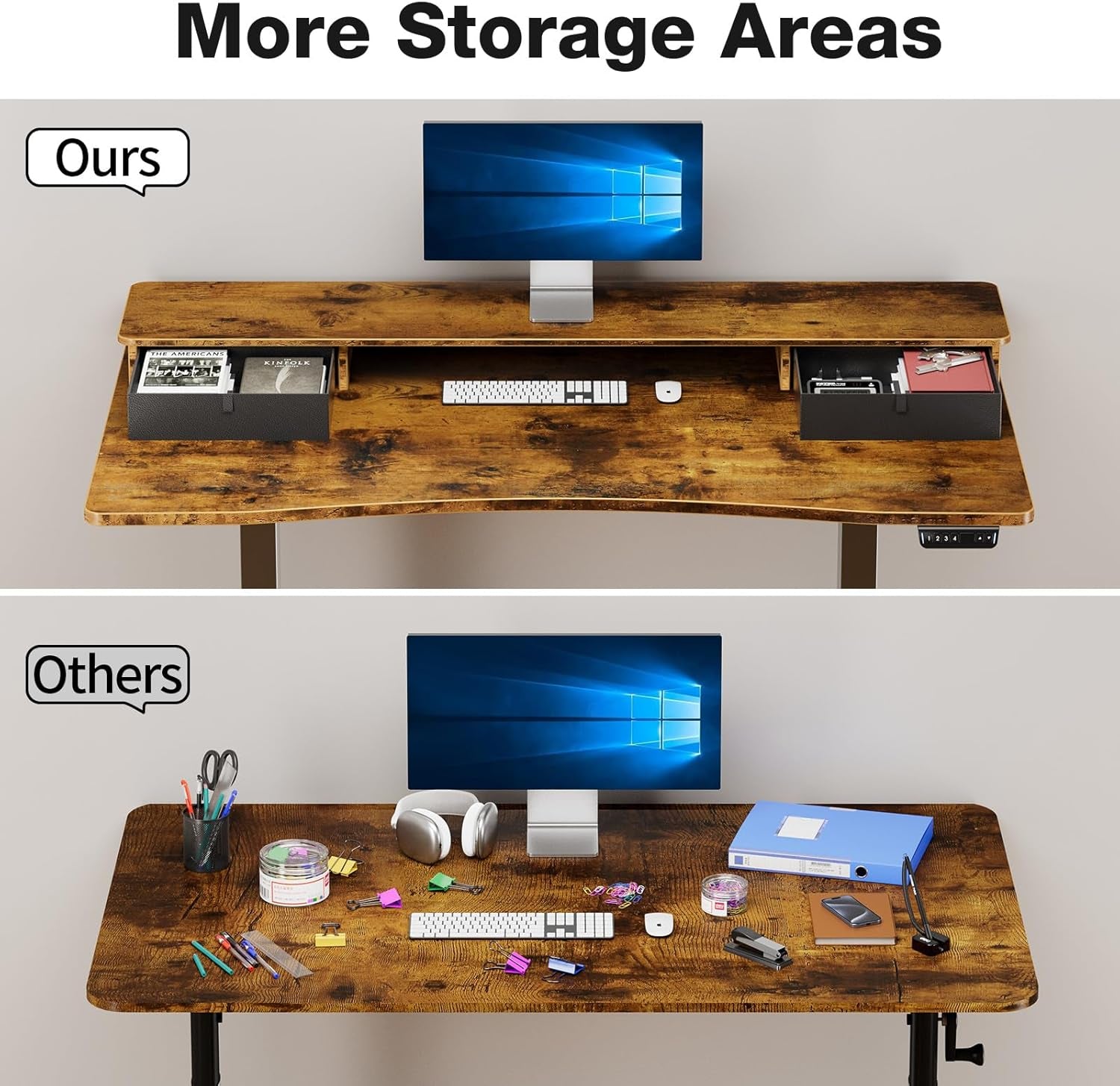 47.2"×27.6" Standing Desk with Storage Drawers, Adjustable Height Computer Table with Monitor Shelf, Home Office Desk for Study, Gaming, Workstation, Brown