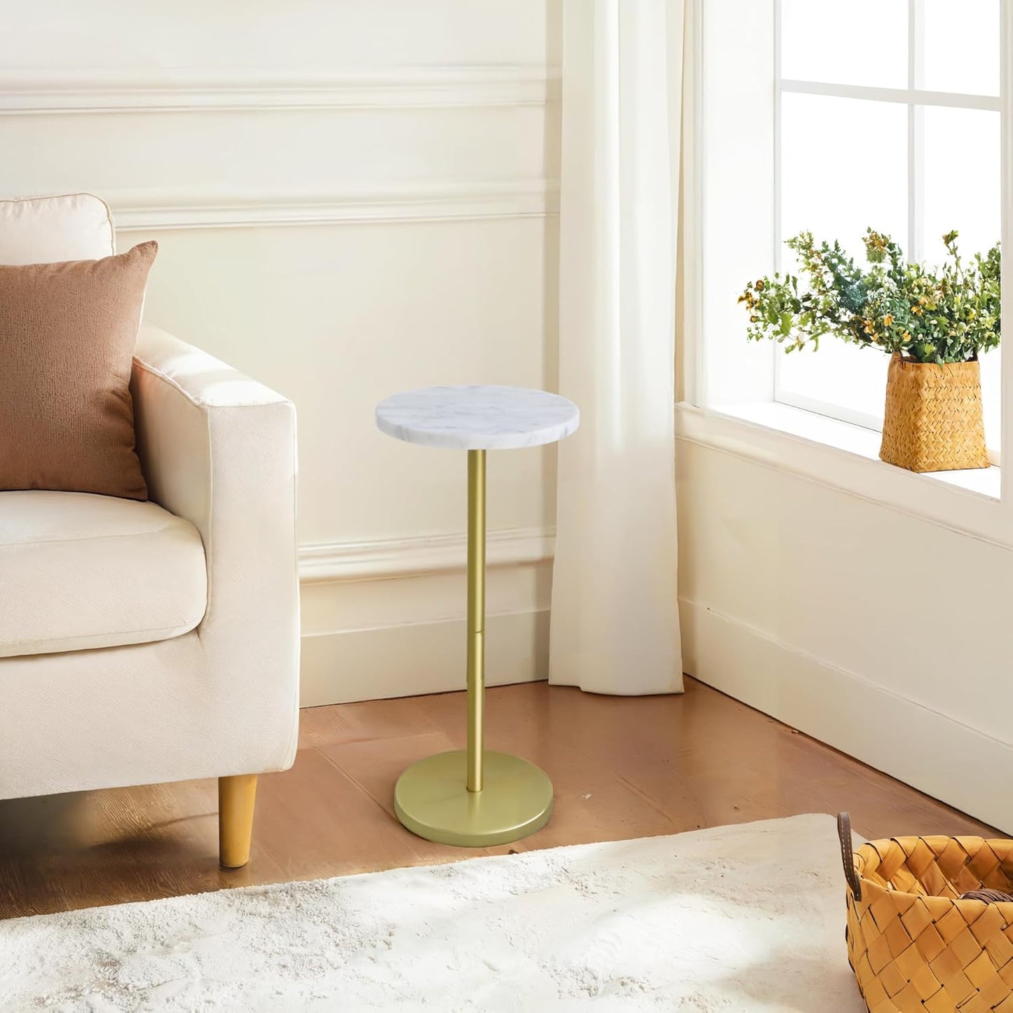 Nature Marble Drink Table, Pedestal Table, Small round Side Table, Martini Table for Living Room, Bathroom, Small Space (White)