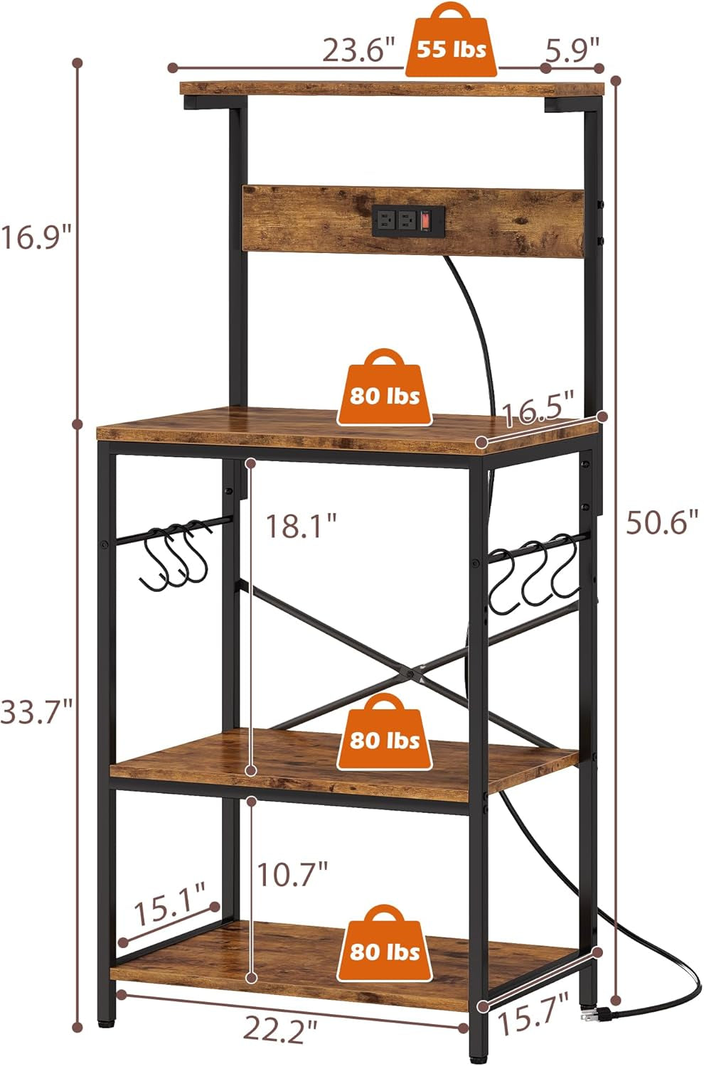 Kitchen Bakers Rack with Power Outlet, Coffee Bar Table 4 Tiers, Kitchen Microwave Stand with 6 S-Shaped Hooks, Storage Shelf Rack for Spices, Pots and Pans - Rustic Brown