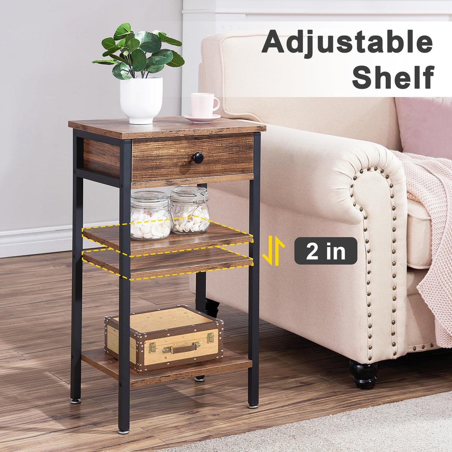Tall End Side Table,Nightstand with Adjustable Shelf and Bin Drawer for Living Room/Bedroom/Entryway Small Spaces