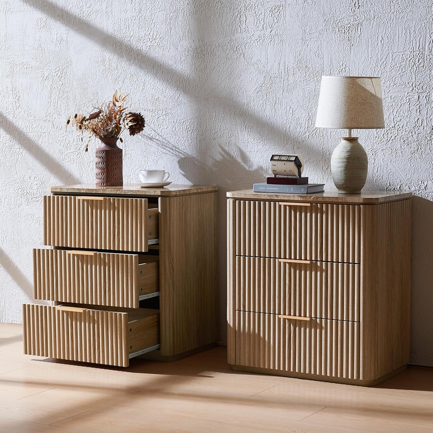 Fluted Nightstand Set of 2, Engineered Wood Bedside Table with 3 Drawers, Modern End Table with Faux Marble-Top, Curved Corners, Metal Handle, Large Night Stand for Bedroom, Office, Closet Natural Oak