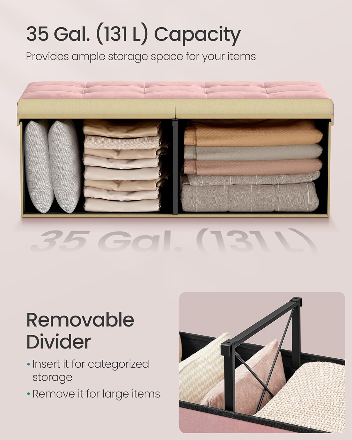Jelly pink velvet foldable storage ottoman bench with flipping lid, view 6