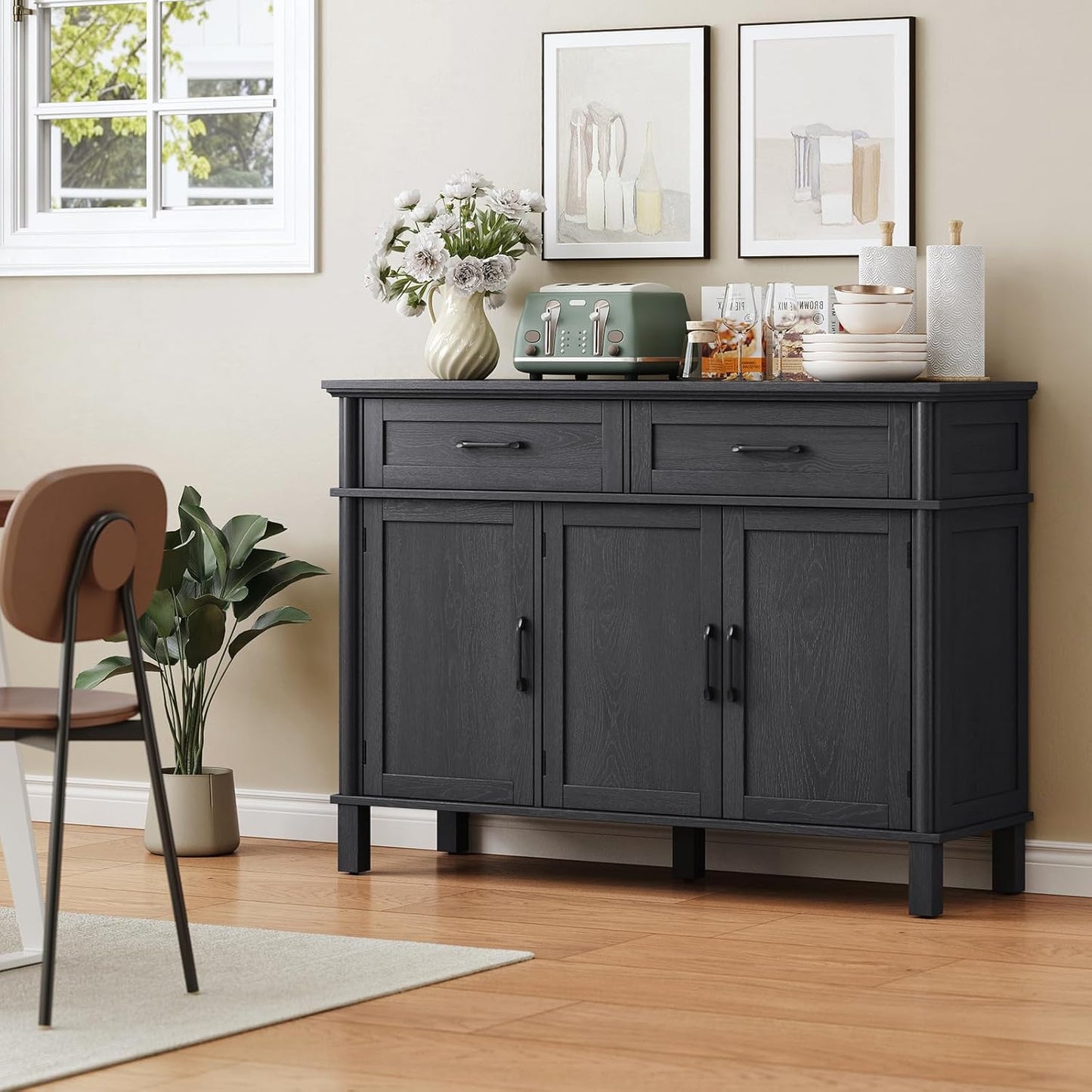 48 Inches Buffet Cabinet with Storage, Farmhouse Sideboard Buffet W/2 Drawers and 3 Doors, Wood Coffee Bar Cabinet with Adjustable Shelves, Sideboard Storage for Kitchen, Living Room, Black