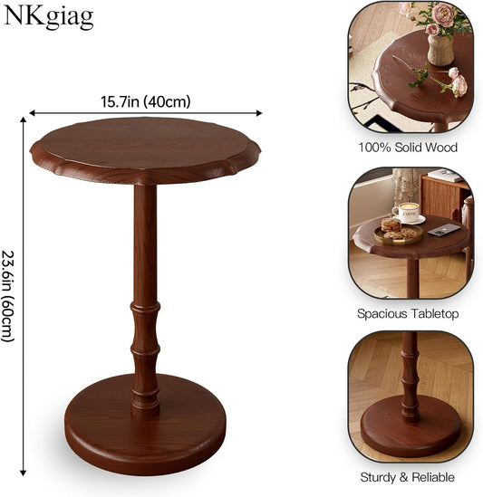 Vintage Solid Wood Accent Side Table, Pedestal End Table for Living Room, Small Bedside Table Nightstand for Bedroom, Coffee, Drink & Reading Table for Couch, Office, Corner (Walnut)