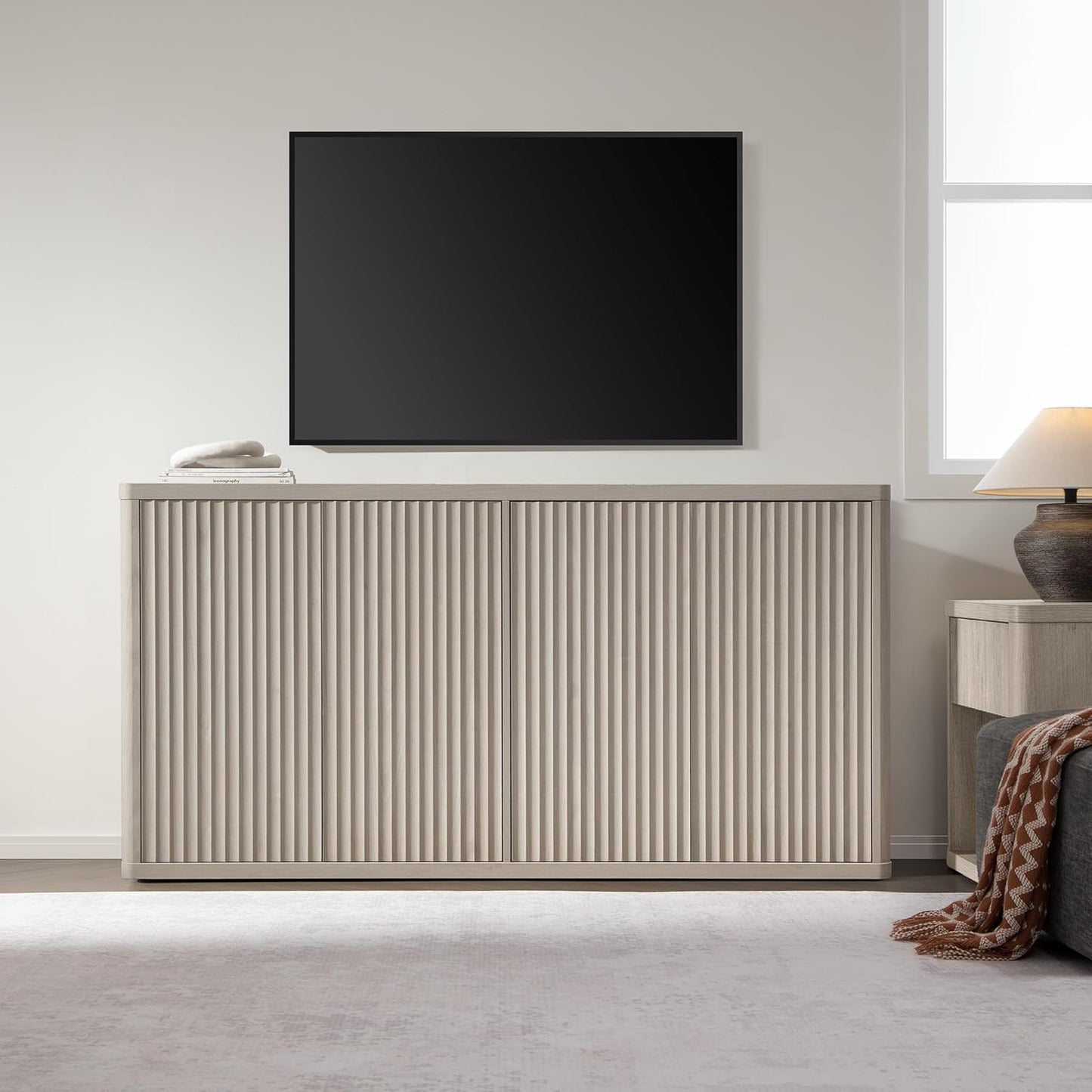 Buffet Cabinet with Storage Accent Sideboard with 4 Doors 66.3" Wide Fluted Credenza Modern Buffet Table Media Console Cabinet Entryway Cabinets for Living Room Kitchen Dining Room Hallway
