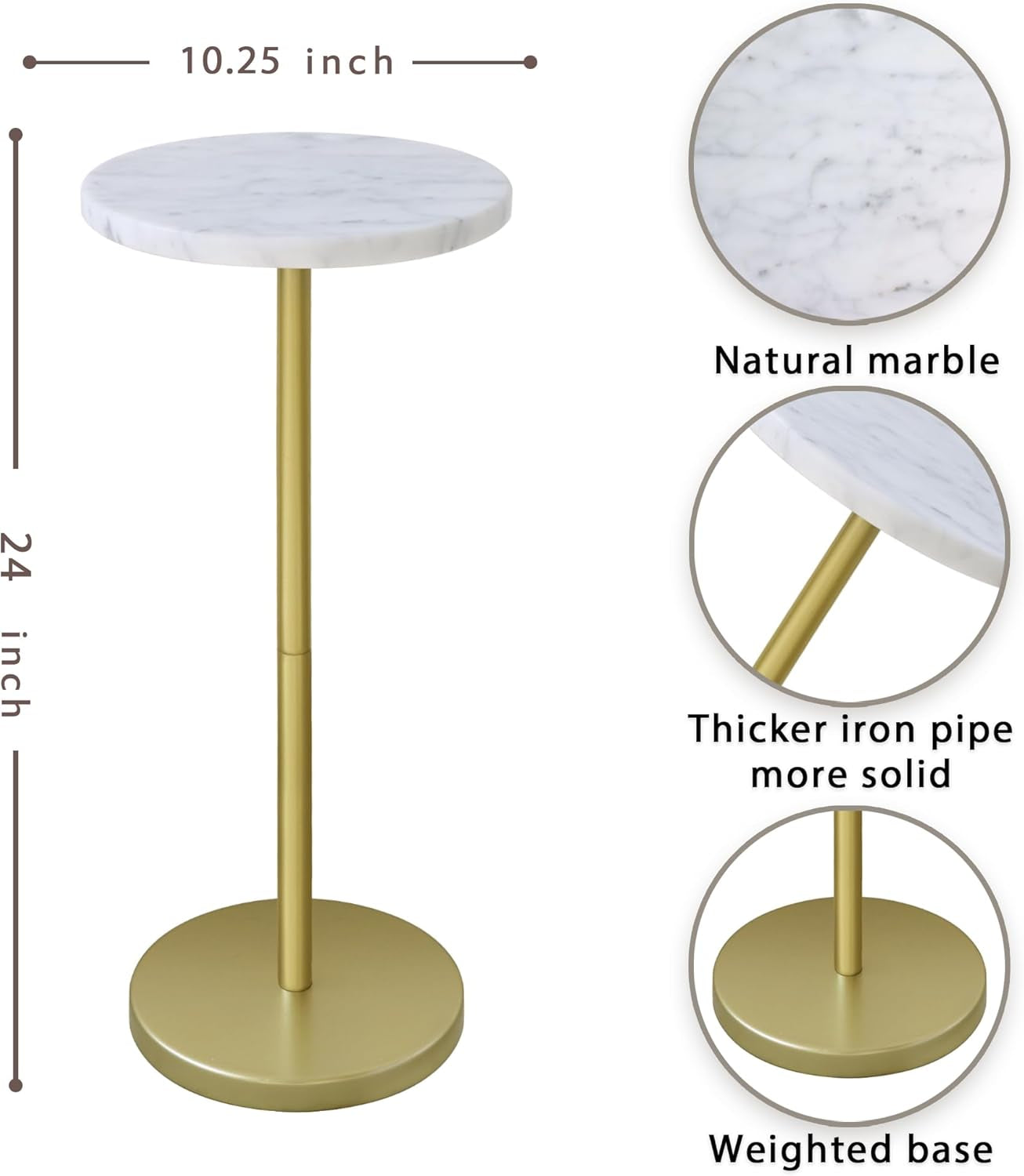 Nature Marble Drink Table, Pedestal Table, Small round Side Table, Martini Table for Living Room, Bathroom, Small Space (White)