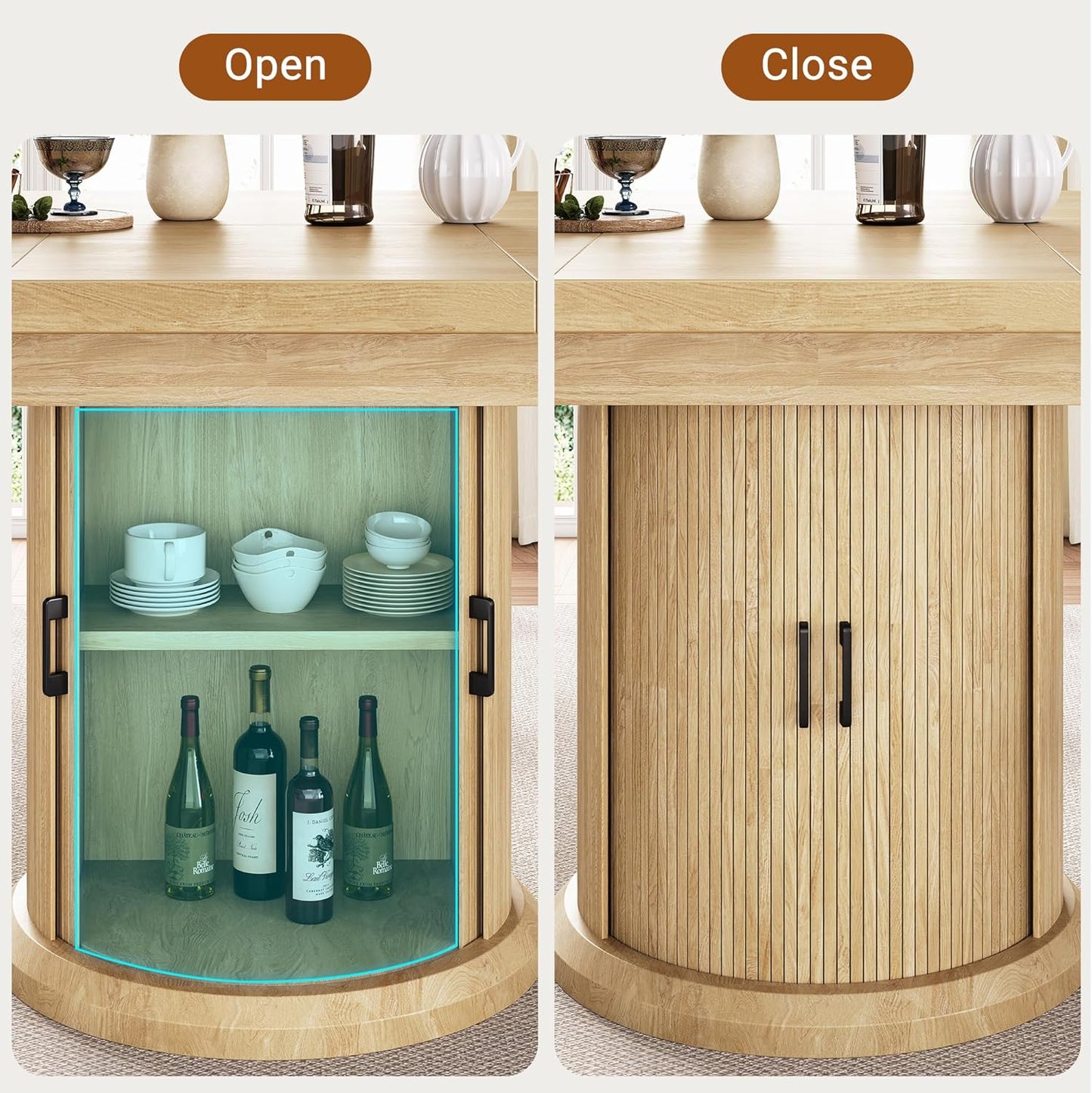 Dining Table for 4-6,63“Extendable round Kitchen Dining Room Table with 2-Tier Storage Shelf, Space Saving Expandable Wood Oval Circle Dinner Furniture with Pedestal Base (Natural)