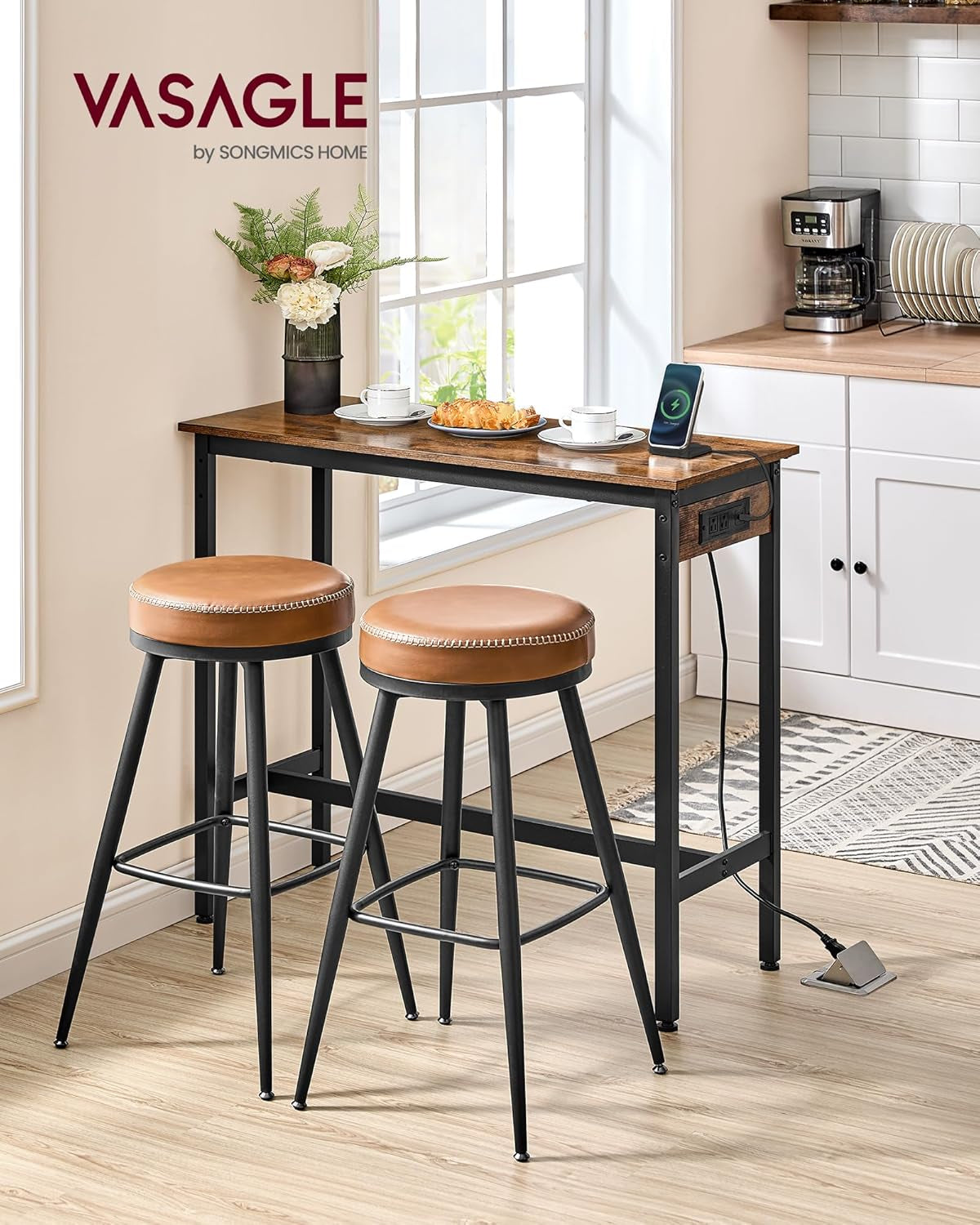 Bar Table, Narrow Long Kitchen Dining Table with Charging Station, Sturdy Metal Frame, Industrial, 15.7 X 39.4 X 35.4 Inches, Rustic Brown and Ink Black ULBT101K01