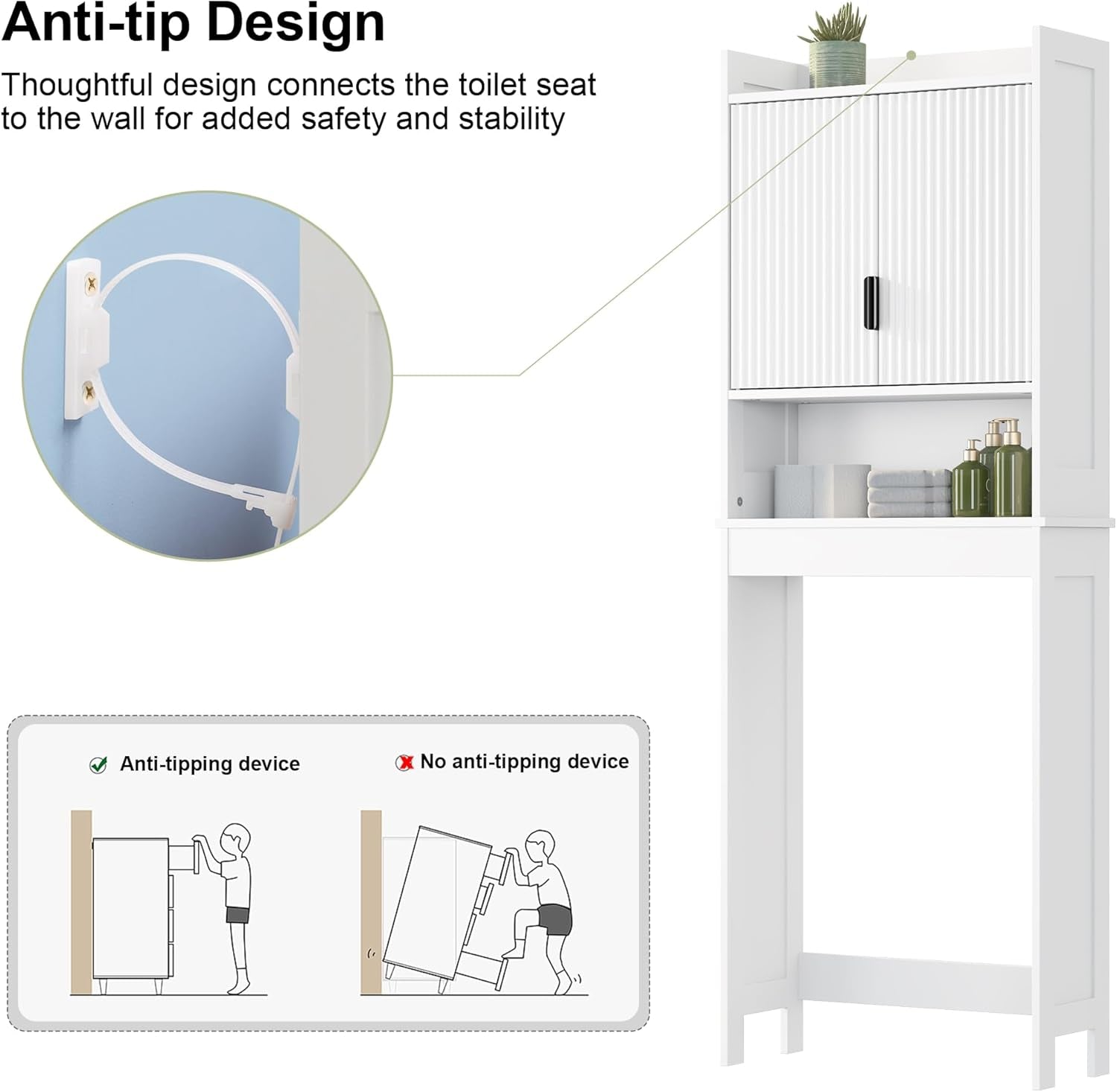 Over the Toilet Storage Cabinet,Behind Toilet Bathroom Organizer with Anti-Tip,Space-Saving Toilet Shelf with Storage,Stylish Wave Pattern & Hidden Handle,Bathroom Shelf for Restroom/Laundry