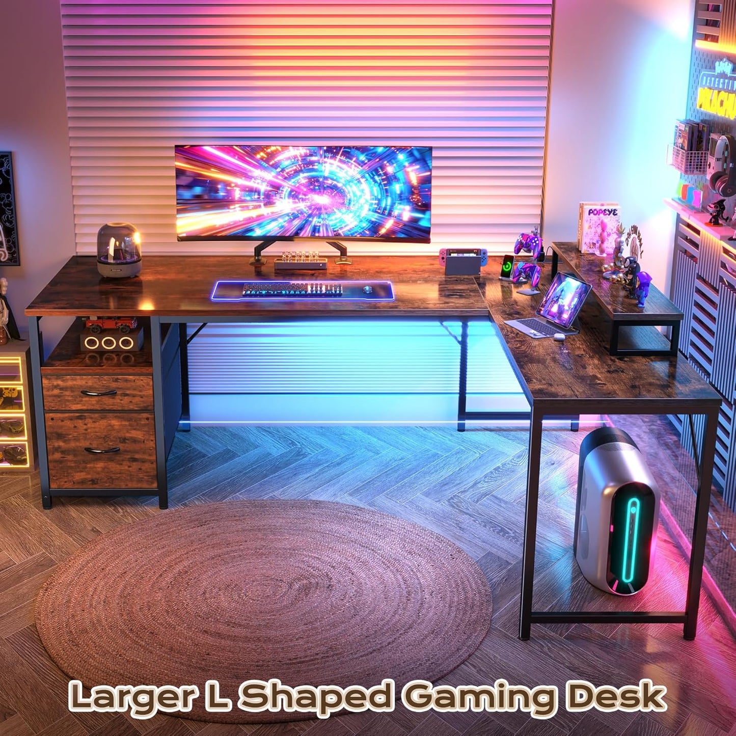 63 Inch L Shaped Desk with Power Outlets and USB-C Port, Computer Corner Home Office Desk with File Fabric Drawers and Movable Monitor Stand, Larger Storage, Gaming, Writing, Work, Grey