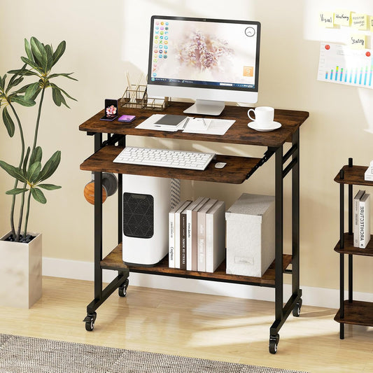 Rolling Computer Desk Cart with Keyboard Tray, Mobile Portable Laptop PC Desk with CPU Stand & 3 Hooks for Sofa & Bed, Industrial Small Desk on Wheels for Small Spaces, Home Office Desk