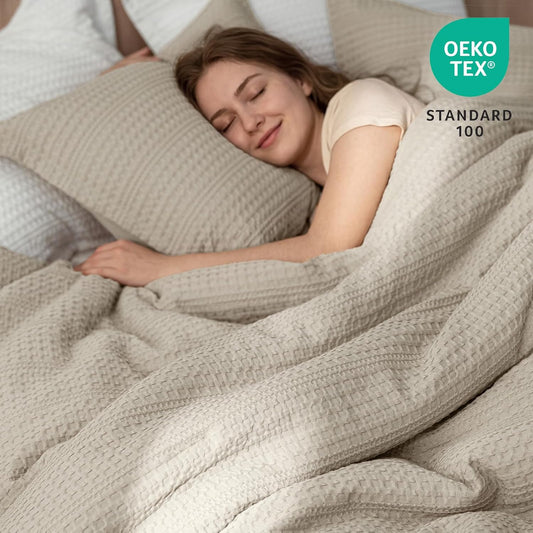 Soft Waffle Comforter Set King Size- Comfy Breathable Waffle Weave Comforter with 2 Pillow Shams, 3 Pieces Less Snagging Lightweight Textured Bedding Set for All Season, Natural/Linen