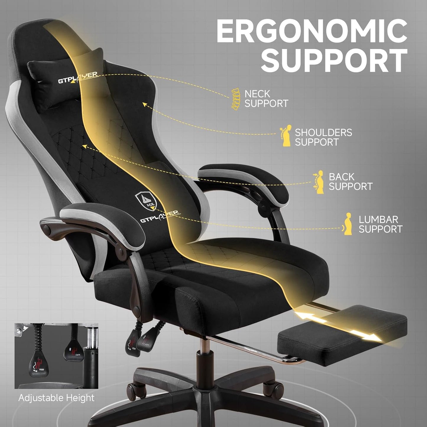 Office Chair, Gaming Computer Desk Fabric Chair with Footrest, High Back Ergonomic Office Chair with Pocket Spring Lumbar Support and Linkage Armrests Adjustable Height Swivel for Home Task