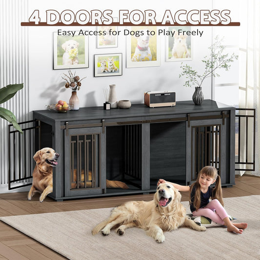 Large Dog Crate Furniture for 2 Dogs, Upgrade 71" Pro XXL Sliding Door Heavy Duty Dog Kennel Furniture with Divider, Steel Frame Indoor Double Dog Crate for Large Medium Small Dogs, Dark Black