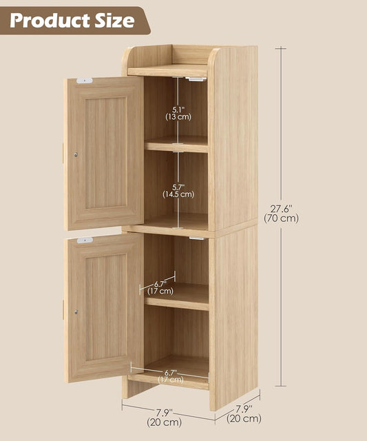 Rattan Small Bathroom Cabinet with 2 Doors, 7.9''D X 7.9''W Narrow Toilet Paper Storage Cabinet, Bathroom Organizer for Small Spaces, Wooden Slim Corner Unit with Adjustable Shelf, Natural Oak