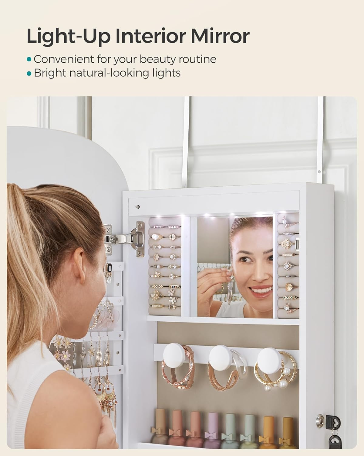 Jewelry Organizer, LED Jewelry Cabinet Wall/Door Mounted, Lockable Rounded Wide Mirror with Storage, Interior Mirror, 3.9 X 16.5 X 42.5 Inches, White Surface with Greige Lining